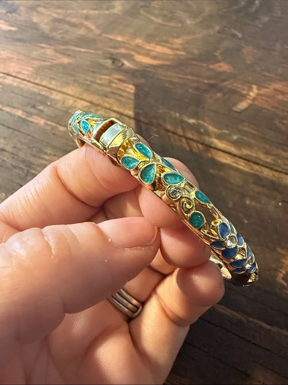 Gold Plated Blue Floral Enamel Bangle Bracelet Rhinestones